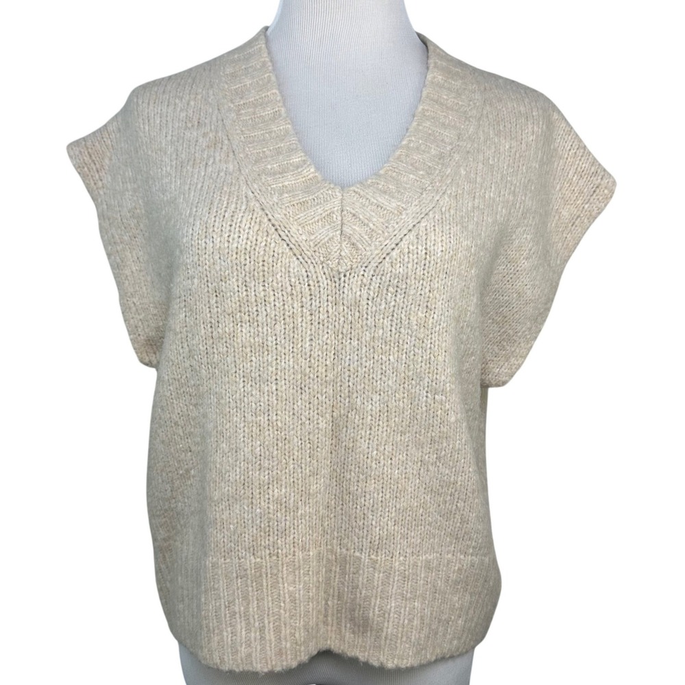 Madewell Shaker Stitch V-Neck Sweater Vest Oatmeal Beige Wool Blend NB366 Small